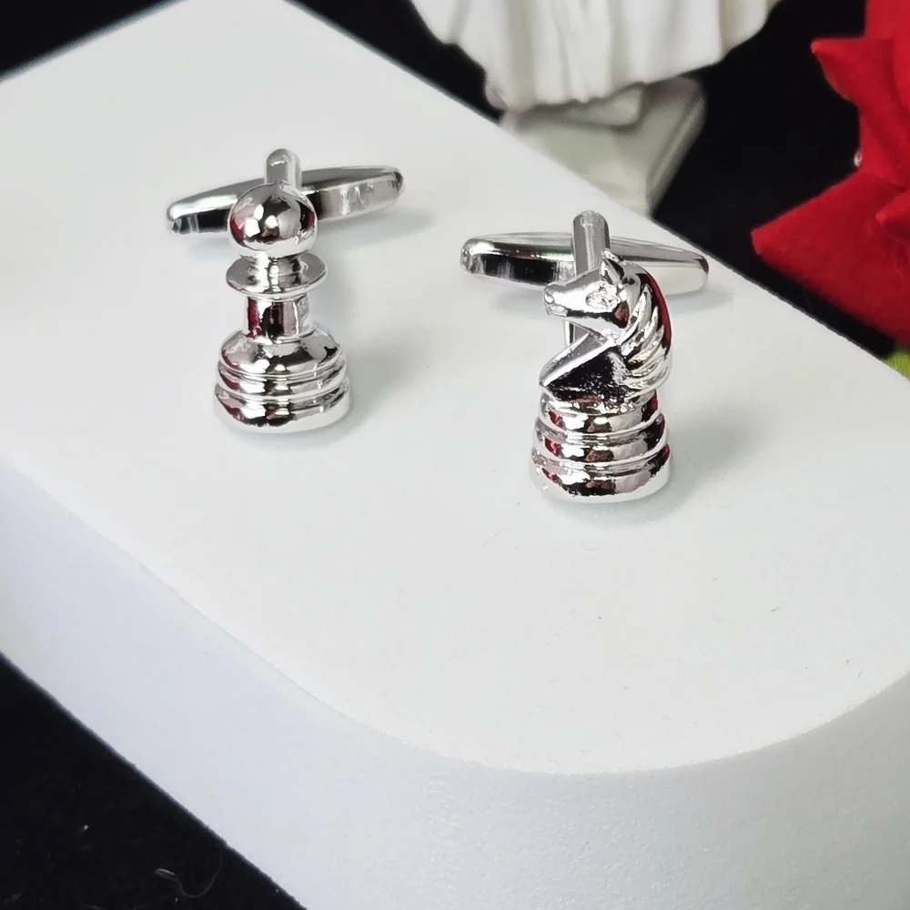 Chess Cufflinks Silver Knight Pawn Mismatched Chess Player Tournament Mens Gift